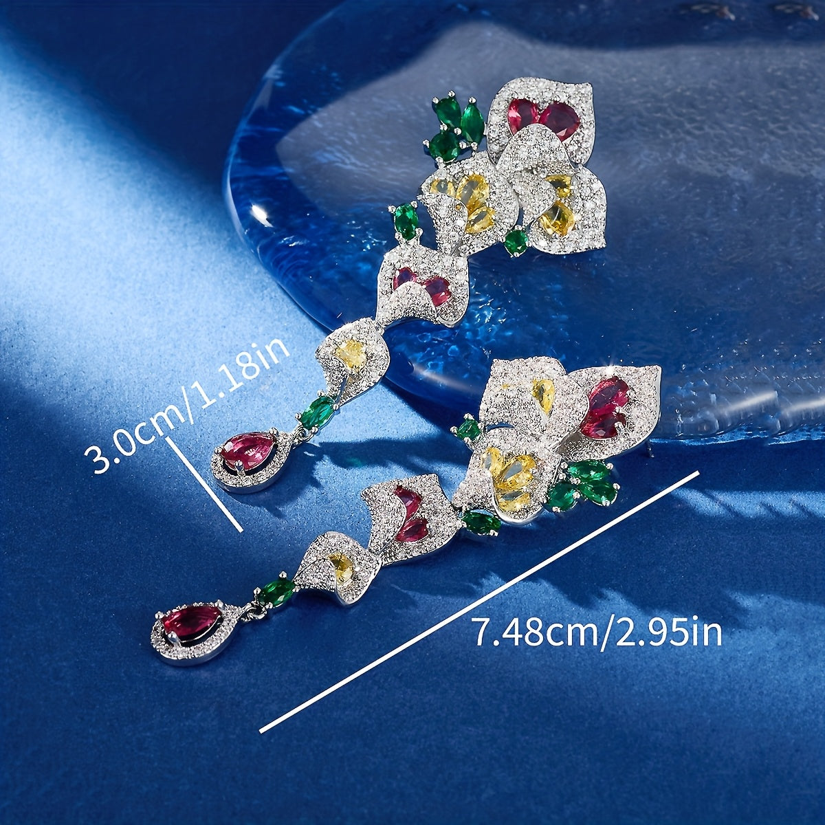 1 Pair Gorgeous Long Dangle Flower Earrings, Cubic Zirconia Earrings For Women, Fashion Party Prom Dress Jewelry, Birthday Holiday Gift