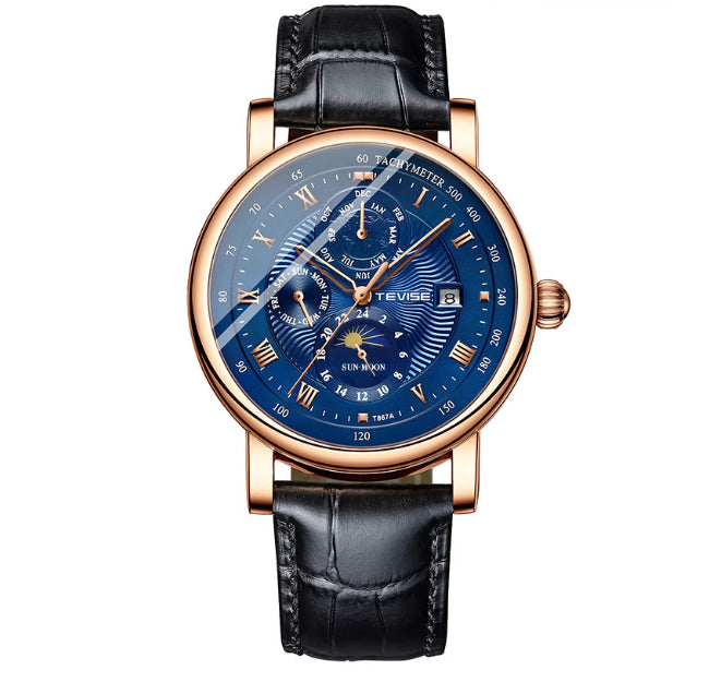 Reloj mecánico para hombre con tourbillon, fase lunar de alta gama y diseño de cielo estrellado, resistente al agua.