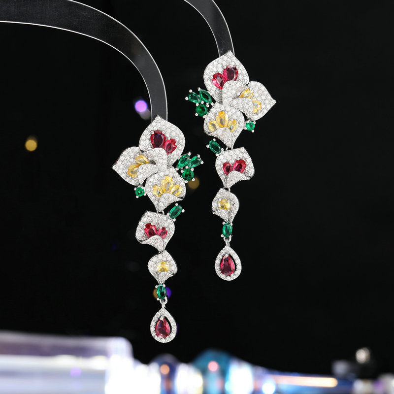 1 Pair Gorgeous Long Dangle Flower Earrings, Cubic Zirconia Earrings For Women, Fashion Party Prom Dress Jewelry, Birthday Holiday Gift